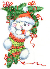 Funny teddy bear and winter decorations for Christmas greetings cards