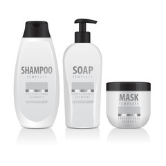 Realistic Cosmetic Bottles set. Tube, Containers, Bottle With Dispencer. Vector Mock Up Illustration