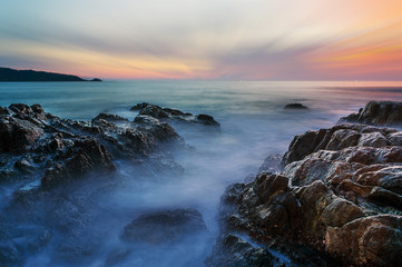 Fototapeta premium Sea sunset or sunrise with colorful of sky and cloud in twilight