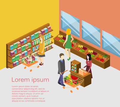 Isometric interior of grocery store. Shopping mall flat 3d illustration.