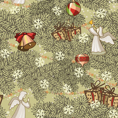 Seamless pattern design. Merry Christmas card decoration. Happy New Year design elements. Vintage background of fire brunches, bells, ribbons and balls.