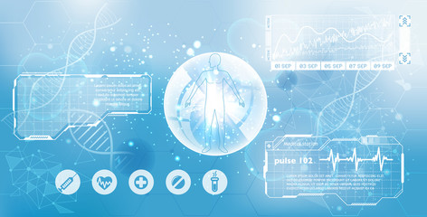 Vector HUD interface diagnostics of human health. Technology of the future examination of the patient