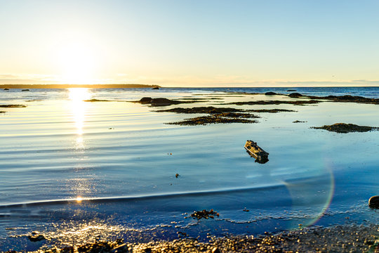 Sunset in Rimouski, Quebec by Saint Lawrence river in Gaspesie region of Canada with rock boulders in shallow water and log