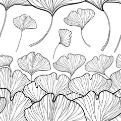 Vector seamless pattern with outline Gingko or Ginkgo biloba leaves in black on the white background. Floral pattern with Gingko foliage in contour style for summer design and coloring book.