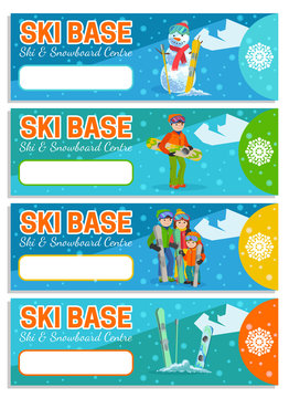 Mountain skier winter sport flyer design template. Snowboarding and skiing on flyers. Vector illustration.