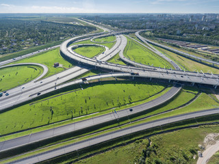 Aerial view at intersections of Western High Speed Diameter (WHSD) and city ringroad at summer. St....