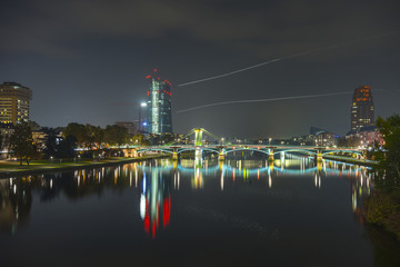 Frankfurt am Main at evening. Main skyline during twilight blue hour.