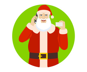 Santa Claus talking on the mobile phone and showing the business card