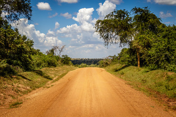 Very typical dirt road with a beautiful sky used for safari in Murchison Falls national park in Uganda. Oil drilling will soon take place in the nearby lake Albert. - obrazy, fototapety, plakaty