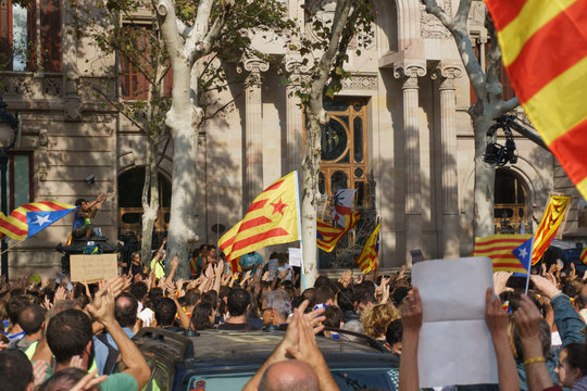 Barcelona, Catalonia, Spain, September 21, 2017: Riots of catalan people protesting for  spanish government decision about referendum of independence of catalunya