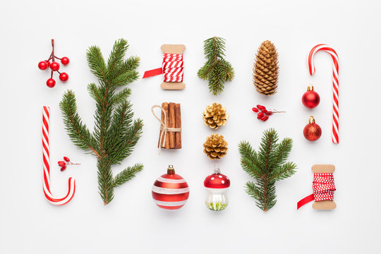 Christmas composition made of christmas decoration on white background. Flat lay, top view.