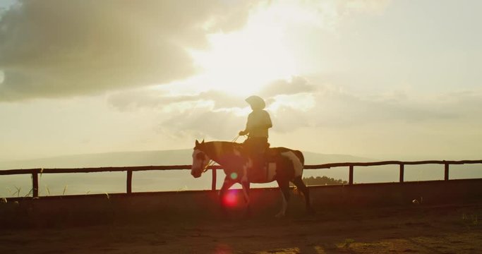 Cowboy horseback riding at sunset
