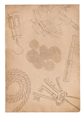 Obraz premium Old paper background with drawings of adventure items isolated on white