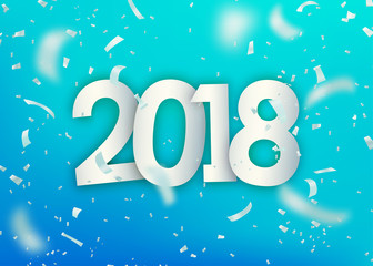 2018 happy new year. Silver confetti, tiny paper pieces on light blue background