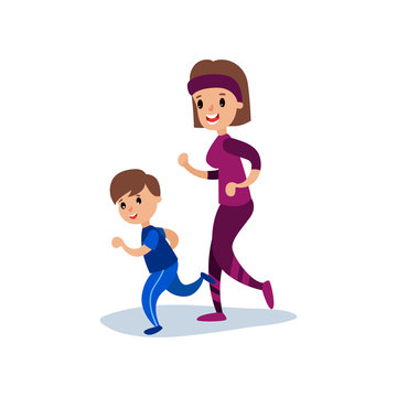 Mom and son running together, sport family and physical activity with children vector Illustration