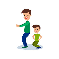 Dad and son squatting together, sport family and physical activity with children vector Illustration