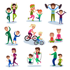 Parents and their kids training and doing sportive exercises together set, sport family concept vector Illustrations
