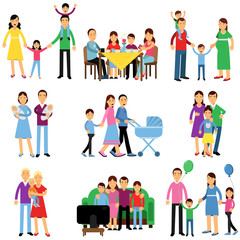 Fototapeta premium Parents and their kids in different situations set, happy family concept vector Illustrations
