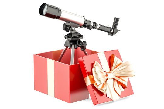 Gift box with telescope, 3D rendering