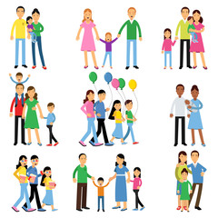 Parents and their kids set, happy family concept vector Illustrations