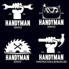 Handyman labels badges emblems and design elements. Tools silhouettes. Carpentry related vector vintage illustration.