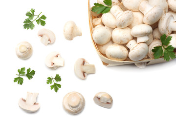 mushrooms with parsley isolated on white background. top view