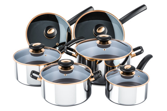 Set of cooking stainless steel kitchen utensils and cookware. Pots and pans, 3D rendering