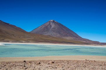 Laguna Verde is a salt lake at the foot of the volcanos Licancabur and Juriques - Eduardo Avaroa Andean Fauna National Reserve, Bolivia