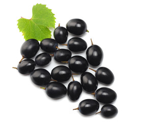 blue grapes berries with leaves isolated on white. top view