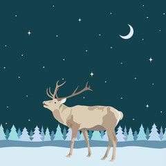 Vector decorative border from reindeer with antler on seamless background of trees snow, night sky with star and moon