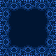 Vector seamless decorative frame from blue snowflakes on dark background. Greeting invitation card for Christmas, New Year