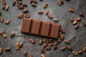 Dark chocolate bar and cocoa beans.