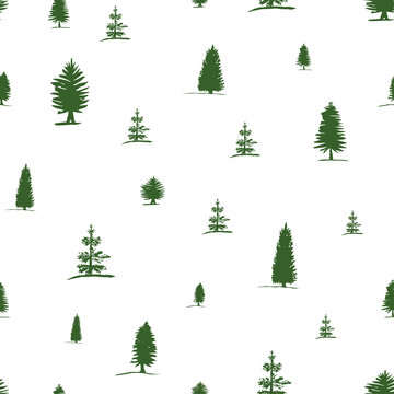 Vector seamless pattern from hand drawing sketch green tree -  pine, fir tree, cypress on white background