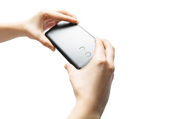 phone in hands on isolated, frameless phone, smartphone with thin frames