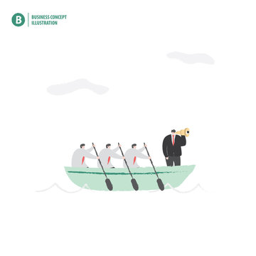 Businessman with a boat in the ocean meaning teamwork and vision of leader on white background illustration vector. Business concept.