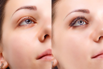 Eyelash Extension. Comparison of female eyes before and after.