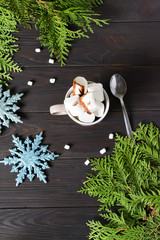 Cup of hot cocoa with marshmallows on the wooden table