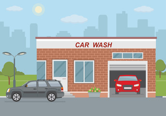 Fototapeta na wymiar Car wash station and two cars on city background. Flat style, vector illustration. 
