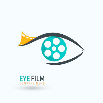 Concept reel film in a eye logo. Isolated logotype of movie industry on white background.