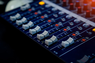 Sound operator console. Sound mixer control panel. Music recording Studio