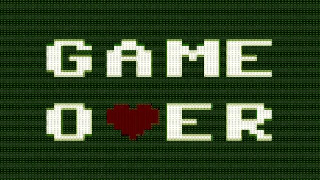 A Game Over text message appearing on a computer screen, a red heart replacing a letter. ASCII art 8 bit vintage PC terminal animation fx, from the time when computers didn't have pixel graphics.
