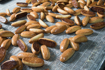 Baking cookies on factory, food industry. Production line.