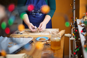 Young woman baking ginger bread at home, christmas lights at the foreground.