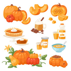 Pumpkin food vector soup, cake, pie meals organic healthy autumn food delicious harvest time seasona pumpkin illustration
