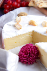 Cheese, soft camembert cheese, red berries, pomegranate, peanut grains, flower, biscuits, white cheese on a blue background, wooden board, pop art, retro style