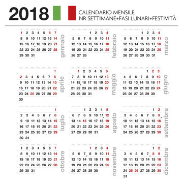Calendario mensile Italiano 2018 con lune, festività e nr settimana