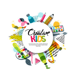 Kids art craft, education, creativity class concept. Vector banner, poster with white paper background, hand drawn letters, pencil, brush, paints and watercolor splash. Doodle illustration. - 181697415