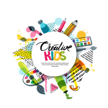 Kids art craft, education, creativity class concept. Vector banner, poster with white paper background, hand drawn letters, pencil, brush, paints and watercolor splash. Doodle illustration.