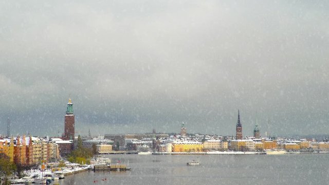 View of central Stockholm during intense snowing