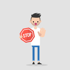 Warning. Forbidden. No access. Young character holding a red stop sign. Flat editable vector illustration, clip art.